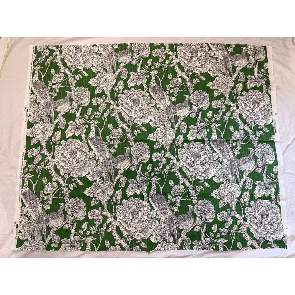 Elegant Duralee Tweedbank Green Cotton Fabric Botanical Birds Flowers 45